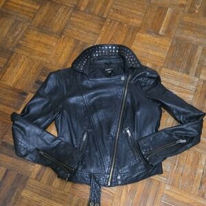 bebe Black Studded Collar Leather Moto Jacket